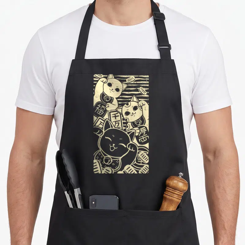 Tablier de cuisine noir avec trois Maneki Neko chats chanceux et symboles japonais beige