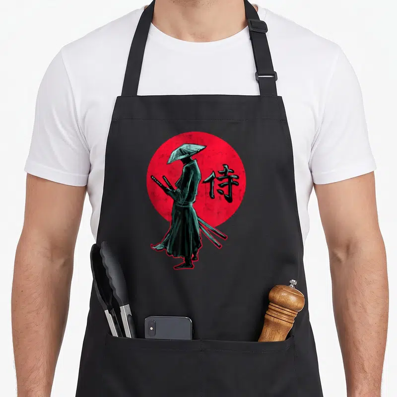 Tablier de cuisine noir avec illustration d'un samouraï face à un soleil rouge et des caractères japonais.