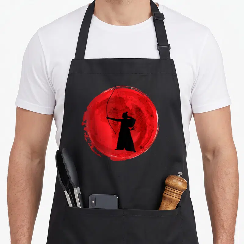 Tablier de cuisine noir avec silhouette d'archer samouraï devant un grand cercle rouge style encre de Chine.