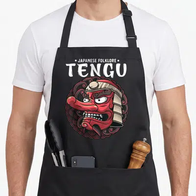 Tablier de cuisine noir avec illustration colorée d'un Tengu au nez rouge et casque samouraï.