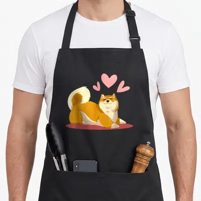 Tablier de cuisine noir avec illustration d'un Shiba Inu kawaii et trois cœurs roses flottants au-dessus de sa tête.