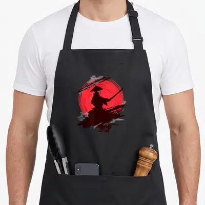 Tablier de cuisine noir avec illustration d'un samouraï japonais silhouetté devant un cercle rouge et des traits d'encre noirs.