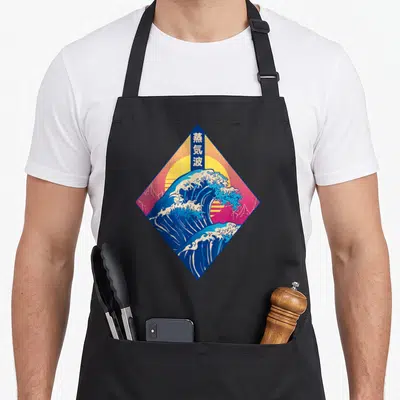 Tablier de cuisine noir avec une grande vague bleue stylisée vaporwave dans un cadre diamond rose et jaune, caractères japonais en haut.