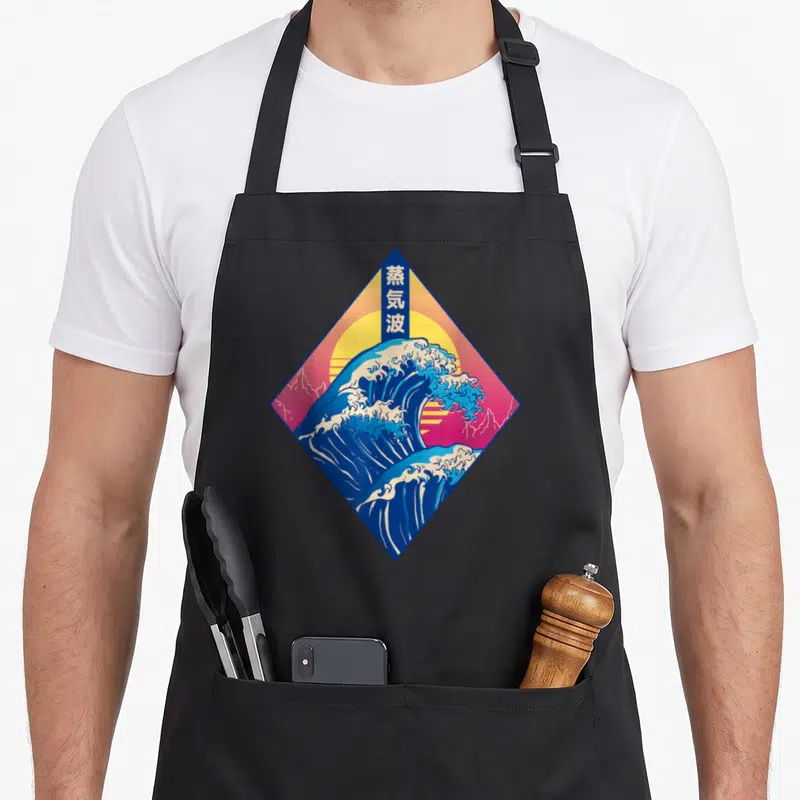 Tablier de cuisine noir avec une grande vague bleue stylisée vaporwave dans un cadre diamond rose et jaune, caractères japonais en haut.
