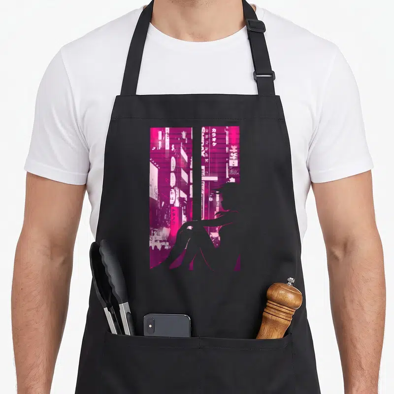 Tablier de cuisine noir avec silhouette rose d'une Cyberpunk Girl devant des néons japonais et du texte en caractères orientaux.