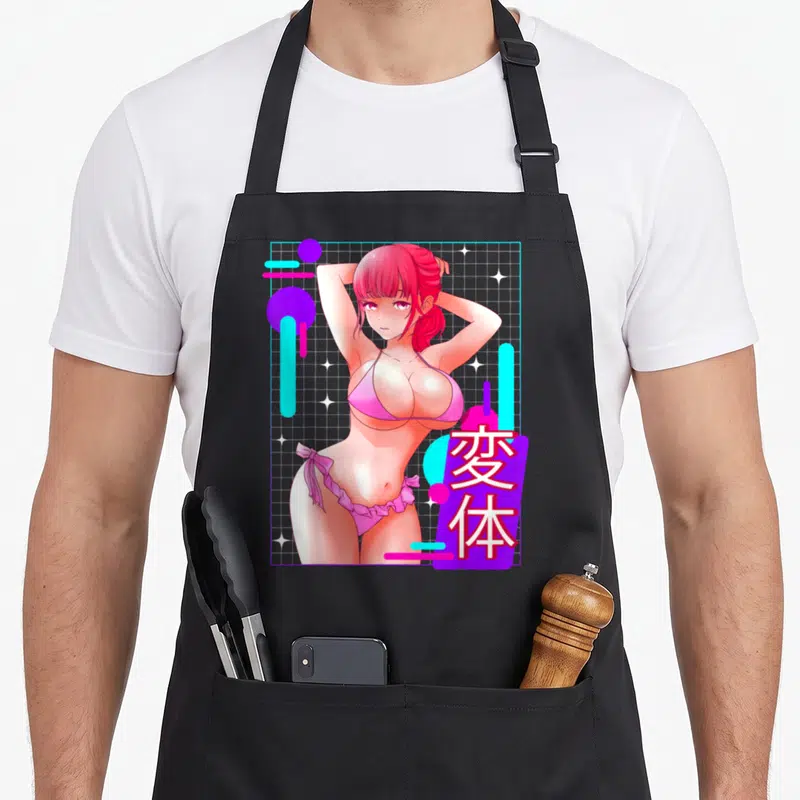 Tablier de cuisine noir avec illustration waifu en bikini rose, kanjis et motifs géométriques cyan violets.