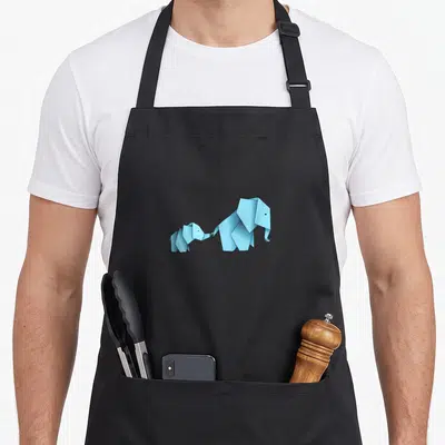 Tablier de cuisine noir avec deux éléphants en origami bleu se tenant par la trompe, style pliage papier japonais.