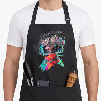 Tablier de cuisine noir avec portrait féminin stylisé aux couleurs vives et effets graphiques abstraits.