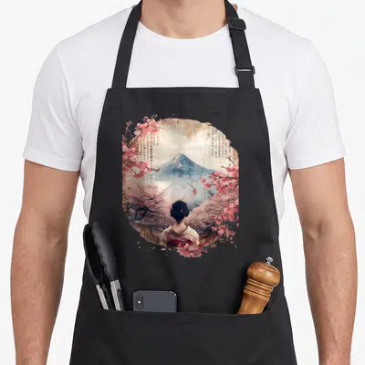 Tablier de cuisine noir avec illustration d'une geisha face au Mont Fuji entouré de fleurs de sakura sur fond parchemin texturé.