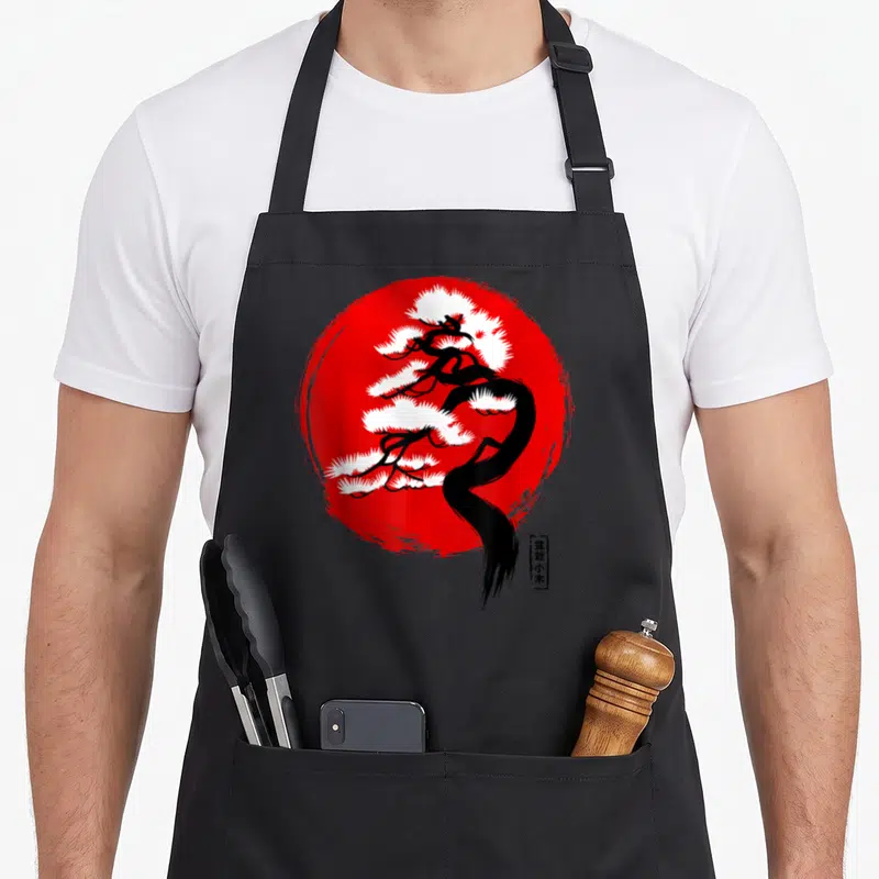 Tablier de cuisine noir avec un grand cercle rouge et un arbre bonsaï noir aux feuilles blanches sur fond uni.
