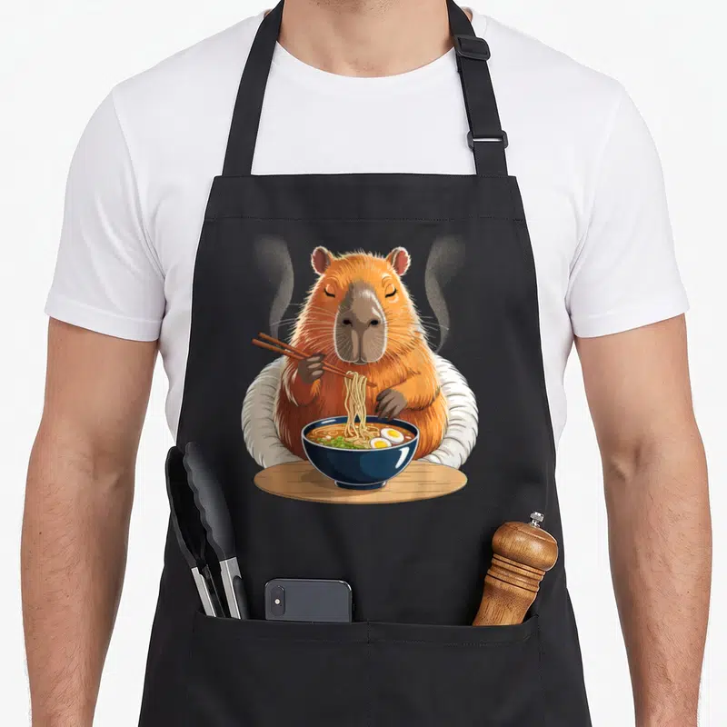 Tablier de cuisine noir avec un capybara kawaii mangeant du ramen avec des baguettes.