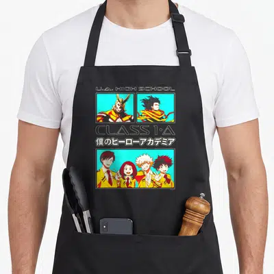 Tablier de cuisine noir avec collage Class 1-A U.A. High School et personnages en uniforme jaune sur fond turquoise.