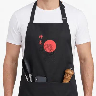 Tablier de cuisine noir avec illustration d'un dragon japonais et un cercle rouge en arrière-plan.