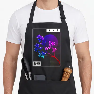 Tablier de cuisine noir avec illustration vaporwave d'une branche de cerisier violet et rose, texte sakura et kanji.