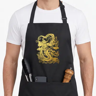 Tablier de cuisine noir avec un grand dragon doré stylisé de type asiatique au centre.