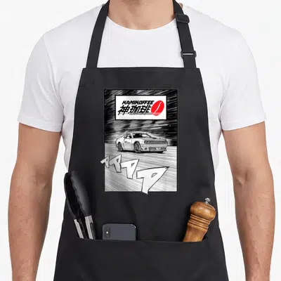 Tablier de cuisine noir avec illustration Dodge Challenger Kamikoffee style manga noir et blanc effet sonore PPPD