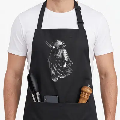 Tablier de cuisine noir avec illustration blanche d'un ronin au chapeau conique et deux katana dans le dos.