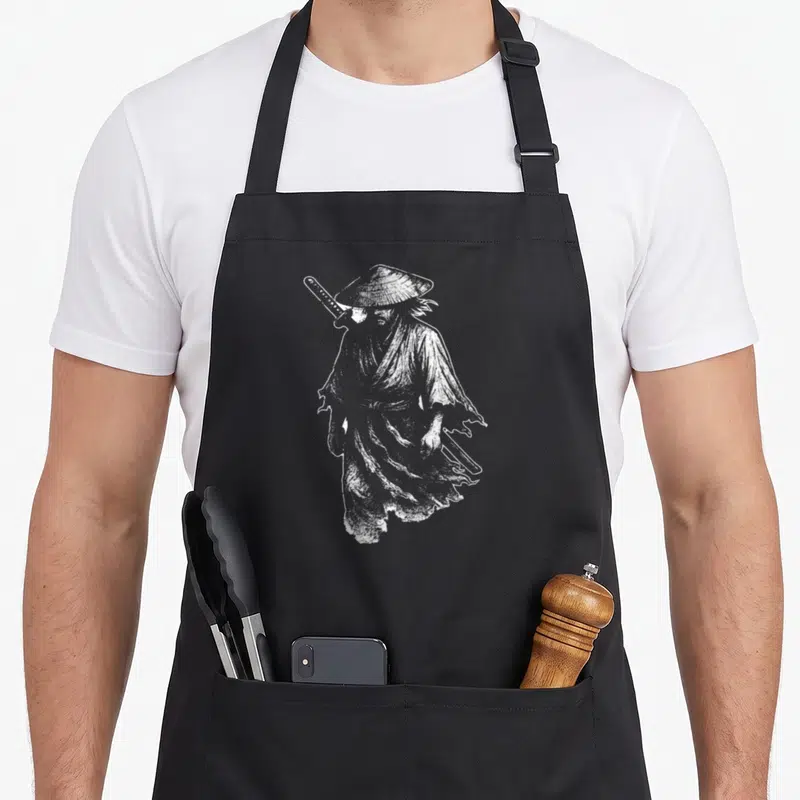 Tablier de cuisine noir avec illustration blanche d'un ronin au chapeau conique et deux katana dans le dos.