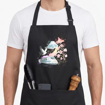 Tablier de cuisine noir avec illustration du Fuji, shinkansen et cerisiers en fleurs.