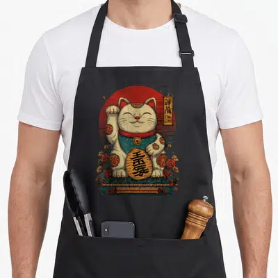 Tablier de cuisine noir avec illustration Maneki Neko chat blanc levant patte et tenant pièce dorée sur fond rouge circulaire.