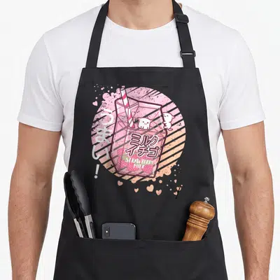 Tablier de cuisine noir avec illustration milkshake strawberry milk kawii cats et chats blancs mignons.