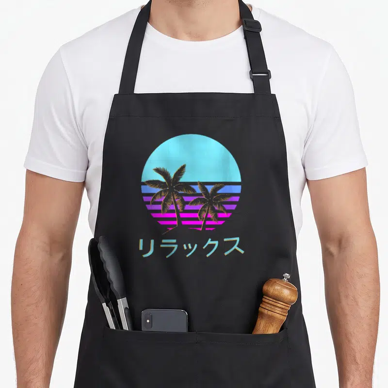 Tablier de cuisine noir avec un soleil cyan, des palmiers dorés et des caracteres japonais sur fond de bandes roses et bleues.