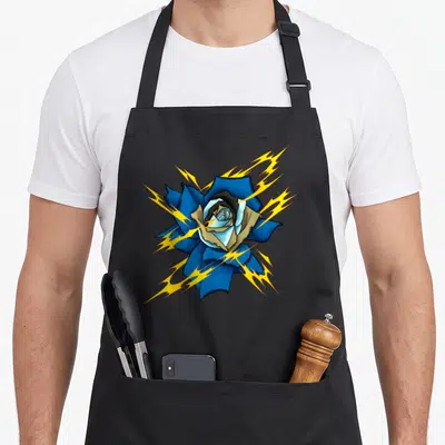 Tablier de cuisine noir avec une rose bleue aux éclairs jaunes et un visage stylisé au centre.