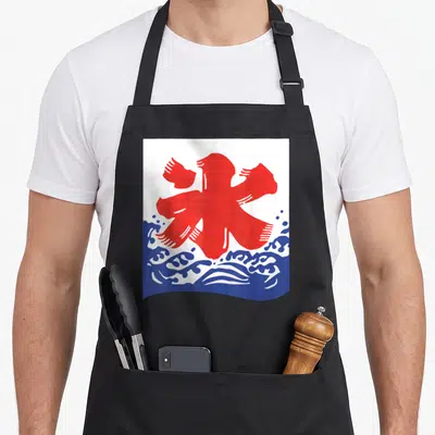 Tablier de cuisine noir avec le kanji rouge sur un motif de vagues bleues stylisées.