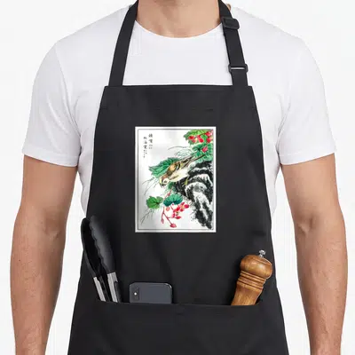 Tablier de cuisine noir avec une illustration d'oiseau et de fleurs rouges sur fond blanc.