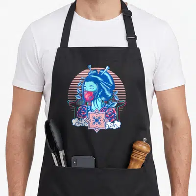 Tablier de cuisine noir avec illustration Geisha JaponaisTraditional Vaporwave Aesthetic bleue et rose sur fond de soleil strié.