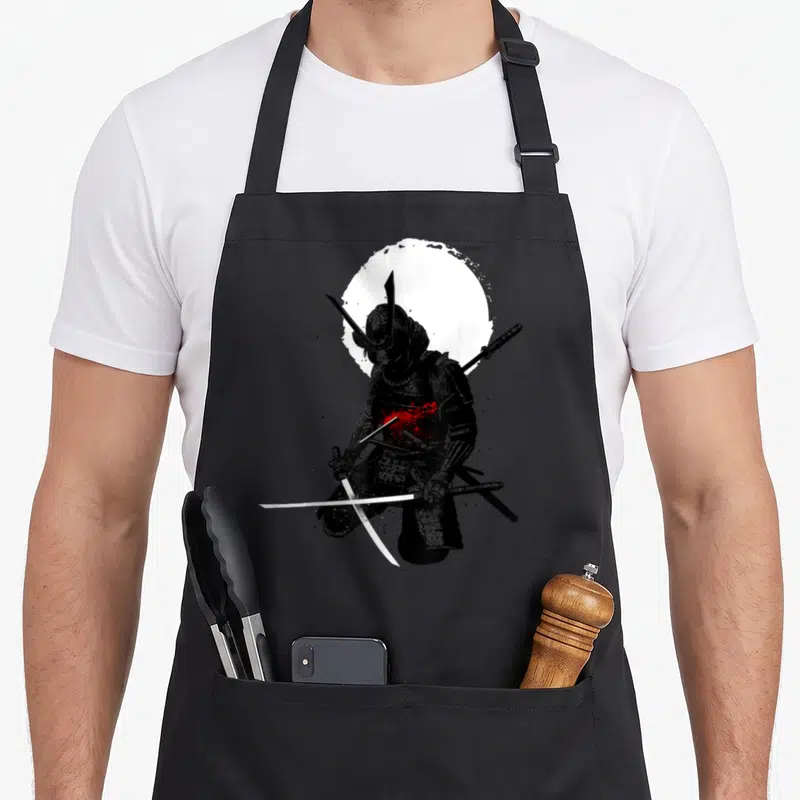 Tablier de cuisine noir avec illustration d'un samouraï blessé tenant une katana devant un cercle blanc.