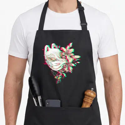 Tablier de cuisine noir avec un masque kitsune glitch et des fleurs aux couleurs rose et vert émeraude.