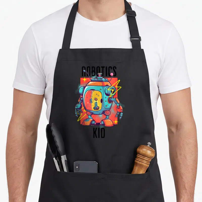 Tablier de cuisine noir avec un robot kawaii coloré et les mots Robotics Kid imprimés.