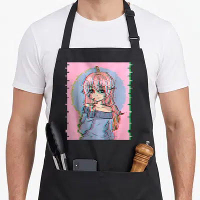 Tablier de cuisine noir avec illustration d'une fille anime aux cheveux roses et effet glitch coloré sur fond rose.