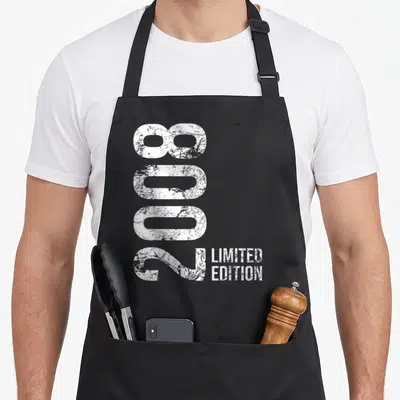 Tablier de cuisine noir avec inscription 2008 Limited Edition en blanc style usé
