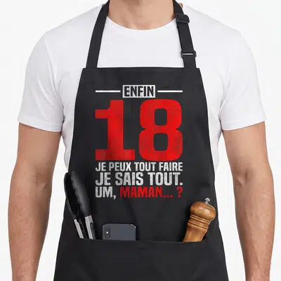 Tablier de cuisine noir avec inscription rouge et blanche Enfin 18 Je peux tout faire Maman