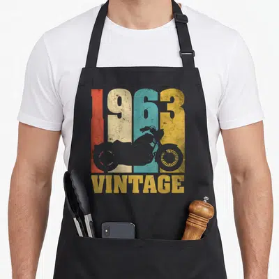 Tablier de cuisine noir avec illustration vintage 1963 et silhouette de moto multicolore