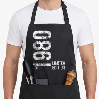Tablier de cuisine noir avec l'année 1980 imprimée verticalement en blanc et Limited Edition en bas à droite.