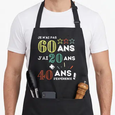 Tablier de cuisine noir avec inscription Je n'ai pas 60 ans j'ai 20 ans 40 ans d'expérience et étoiles colorées.