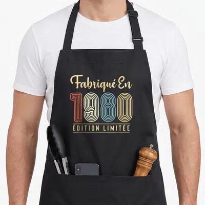 Tablier de cuisine noir avec motif vintage Créé En 1980 Pièce Rare en couleurs pastel.