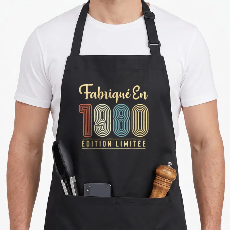 Tablier de cuisine noir avec motif vintage Créé En 1980 Pièce Rare en couleurs pastel.