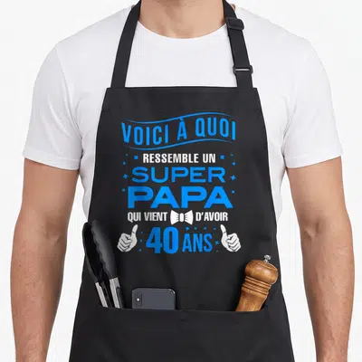 Tablier de cuisine noir avec inscription bleue et blanche Voici à quoi ressemble un super papa 40 ans et deux pouces levés.