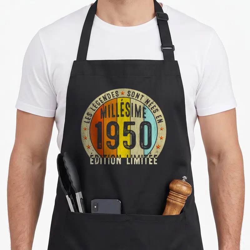 Tablier de cuisine noir avec logo circulaire vintage Millésime 1950 Les Légendes Sont Nées « Édition Limitée »