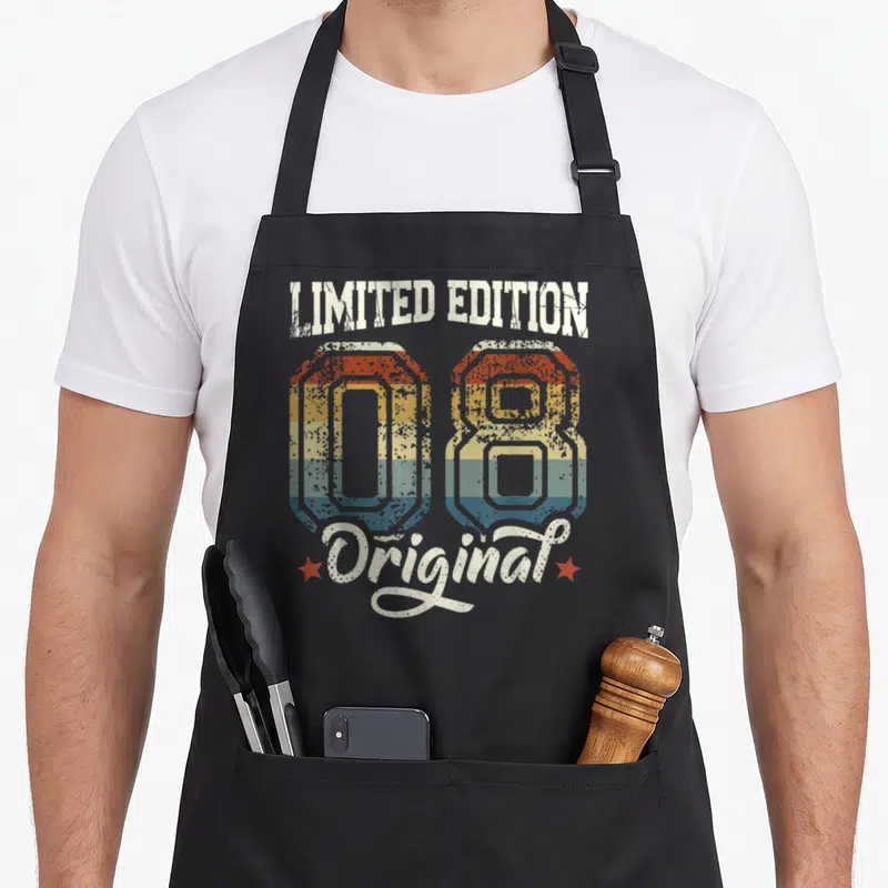 Tablier de cuisine noir avec motif vintage Limited Edition 08 Original et étoiles rouges.
