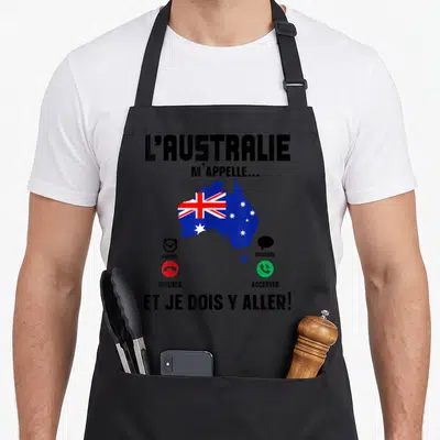 Tablier de cuisine noir avec une carte d'Australie et des boutons accepter refuser rappel message imprimés en couleur.