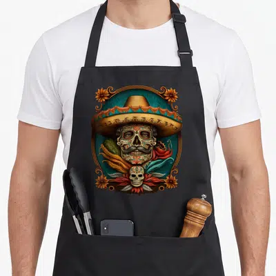 Tablier de cuisine noir avec illustration d'un crâne mexicain en sucre portant un sombrero et des fleurs colorées.
