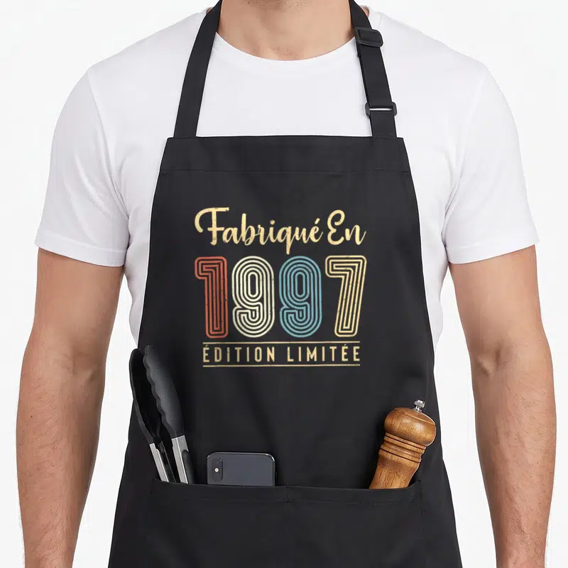 Tablier de cuisine noir avec motif vintage multicolore Fabrique En 1997 Edition Limitée