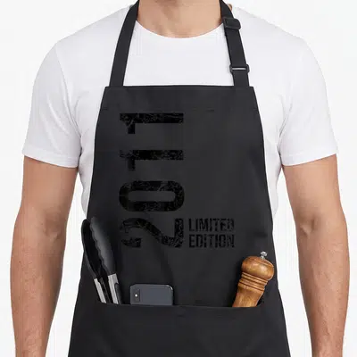 Tablier de cuisine noir avec l'inscription 15 ans Limited Edition en typographie noire usée sur fond uni.