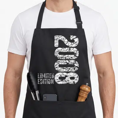 Tablier de cuisine noir avec l'année 2008 imprimée verticalement en blanc et le texte limited edition en bas à gauche.