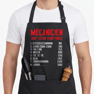 Tablier de cuisine noir avec liste humoristique des bruits de moteur et leurs tarifs en monnaie imprimés en rouge et blanc.